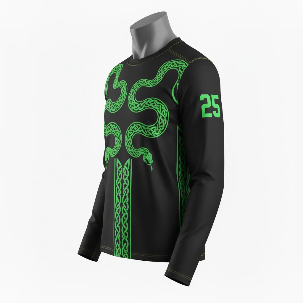 Custom Lacrosse Long Sleeve T Shirt - Black, Green - Neon Serpent Strike - Side View - Kinexa Sportswear