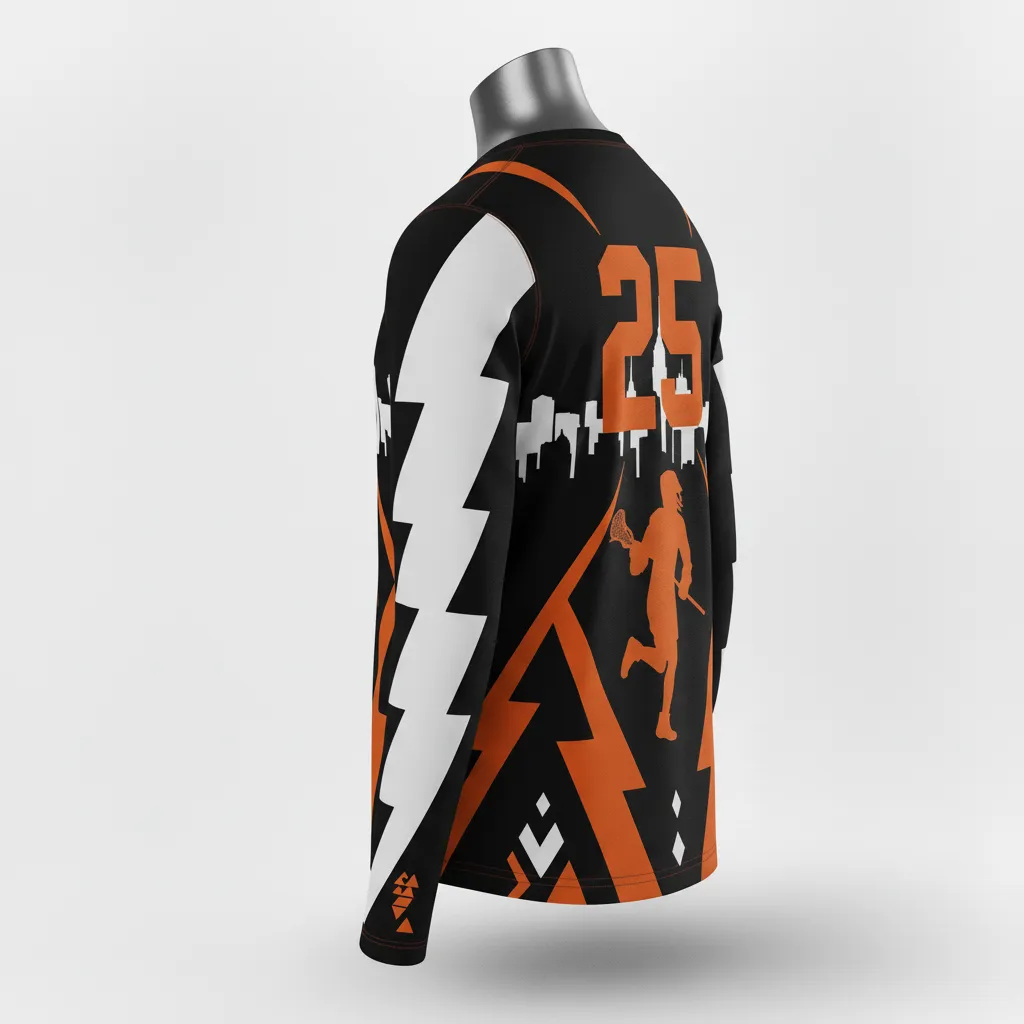 Custom Lacrosse Long Sleeve T Shirt - Black, Orange, White - Island Strong - Back View - Kinexa Sportswear