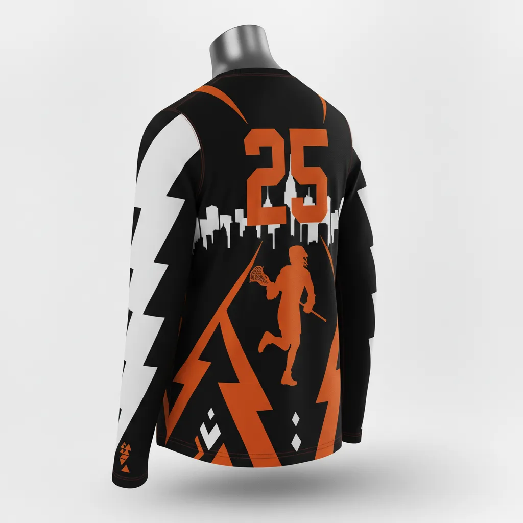 Custom Lacrosse Long Sleeve T Shirt - Black, Orange, White - Island Strong - Front View - Kinexa Sportswear