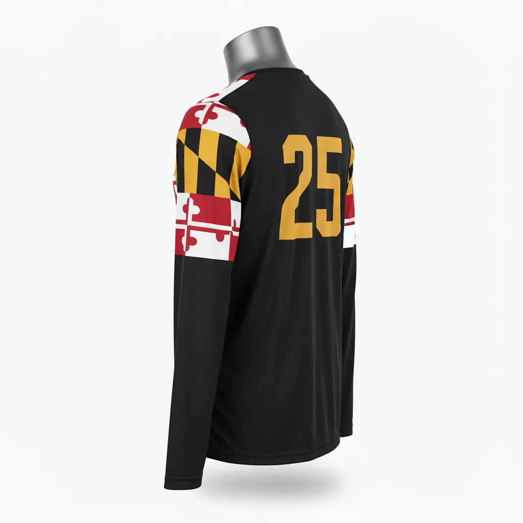 Custom Lacrosse Long Sleeve T Shirt - Black, Red, Gold - Maryland Pride - Front View - Kinexa Sportswear