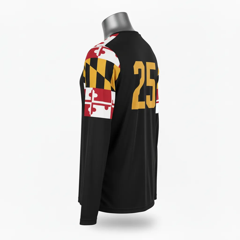 Custom Lacrosse Long Sleeve T Shirt - Black, Red, Gold - Maryland Pride - Side View - Kinexa Sportswear