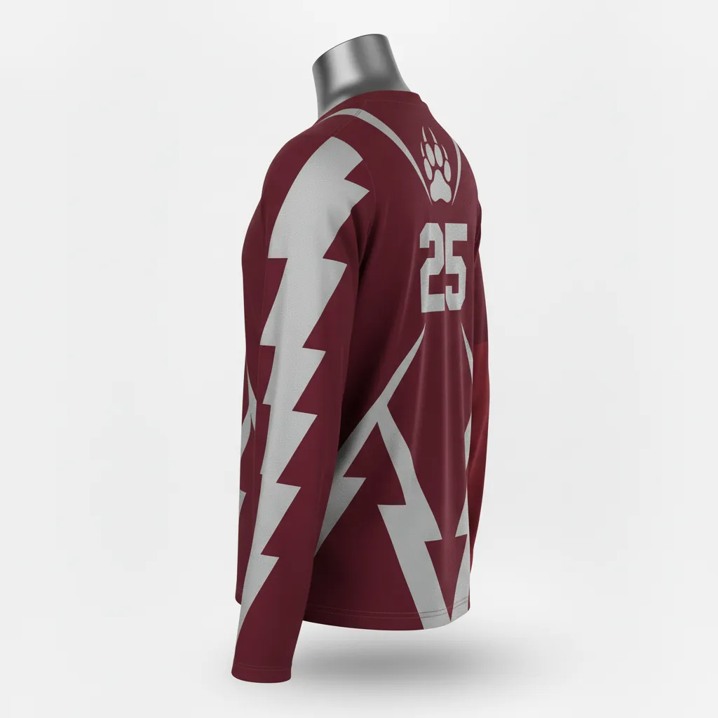 Custom Lacrosse Long Sleeve T Shirt - Burgundy, Silver - Bear Clan Strength - Side View - Kinexa Sportswear
