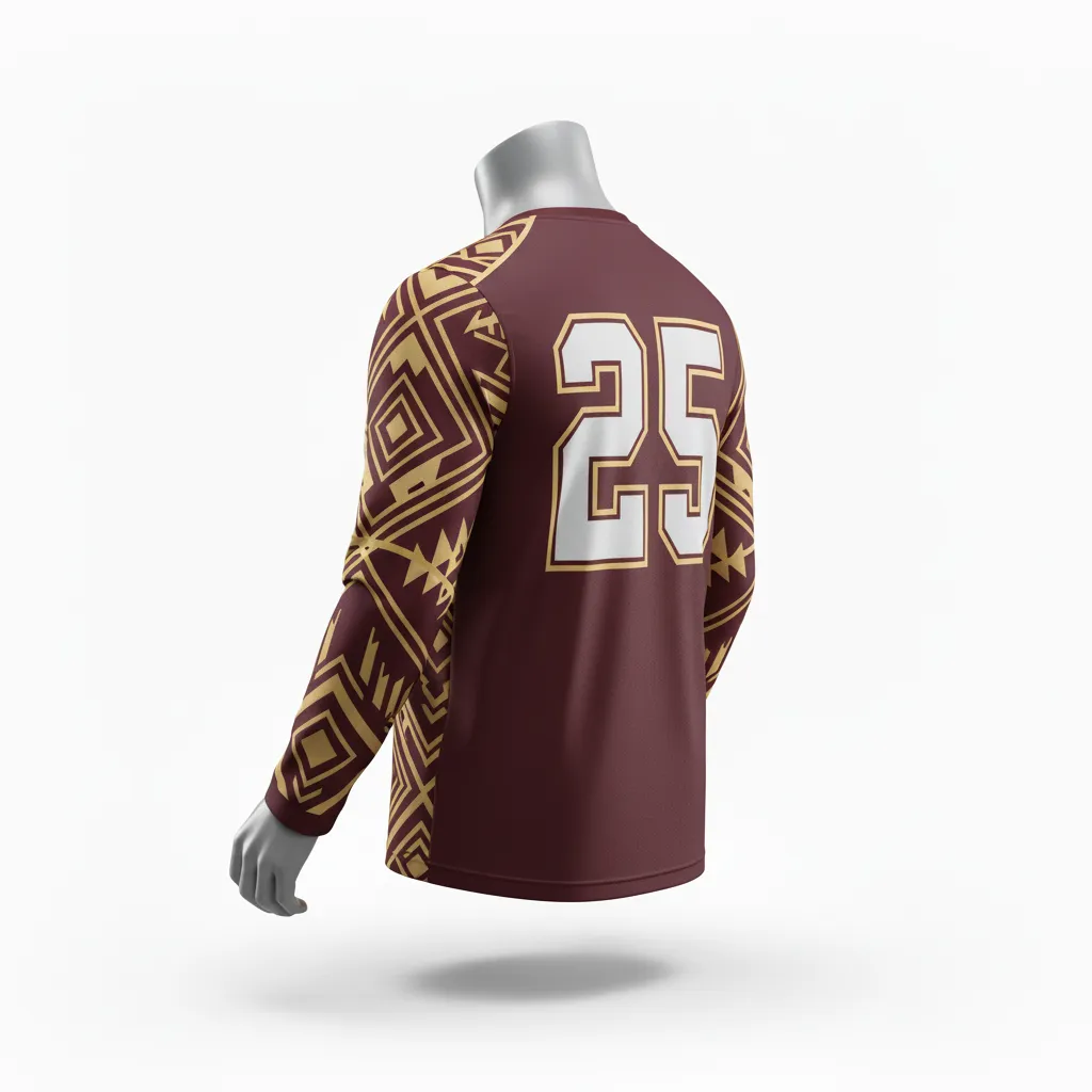 Custom Lacrosse Long Sleeve T Shirt - Burgundy, Gold - Vegas Tribal Clash - Front View - Kinexa Sportswear