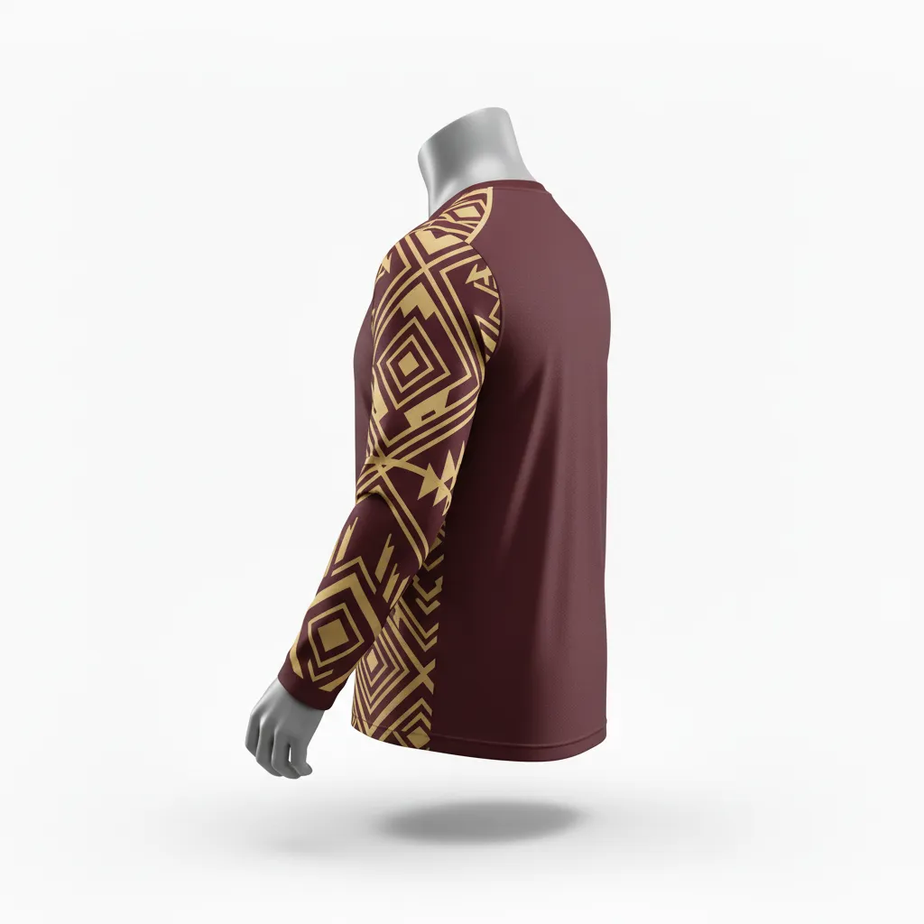 Custom Lacrosse Long Sleeve T Shirt - Burgundy, Gold - Vegas Tribal Clash - Side View - Kinexa Sportswear