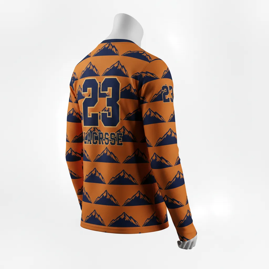 Custom Lacrosse Long Sleeve T Shirt - Burnt, Orange, Navy - Upstate Mountain - Back View - Kinexa Sportswear
