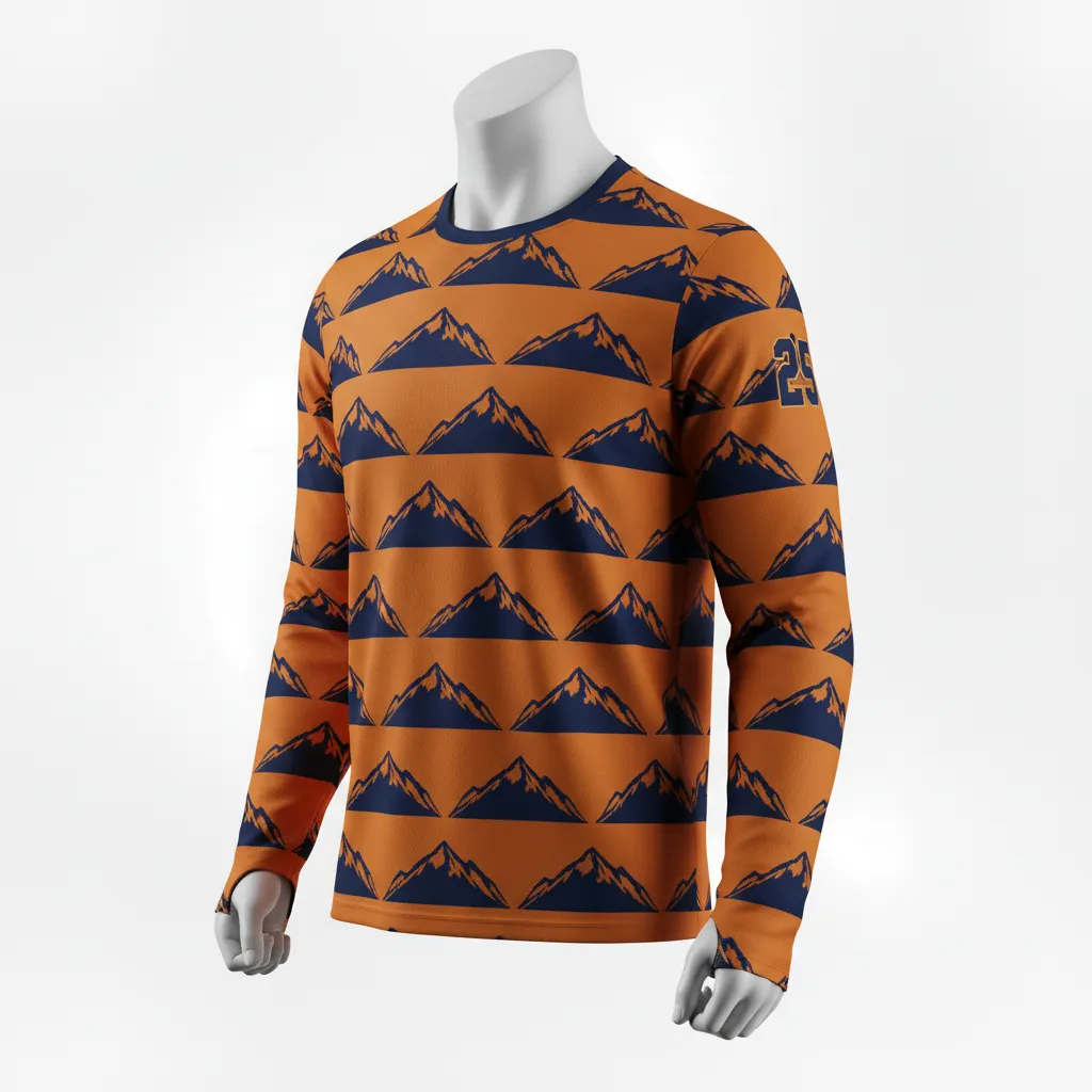 Custom Lacrosse Long Sleeve T Shirt - Burnt, Orange, Navy - Upstate Mountain - Front View - Kinexa Sportswear