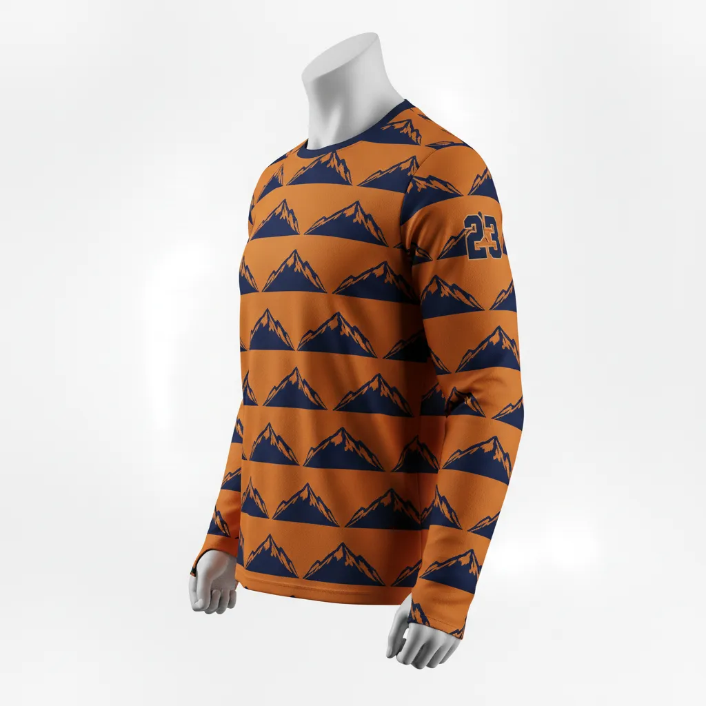 Custom Lacrosse Long Sleeve T Shirt - Burnt, Orange, Navy - Upstate Mountain - Side View - Kinexa Sportswear