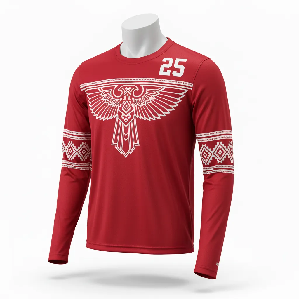 Custom Lacrosse Long Sleeve T Shirt - Red, White - Cardinal Thunderbird Spirit - Front View - Kinexa Sportswear