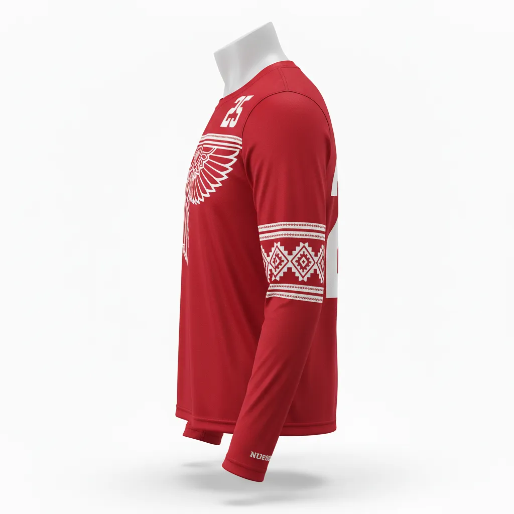 Custom Lacrosse Long Sleeve T Shirt - Red, White - Cardinal Thunderbird Spirit - Side View - Kinexa Sportswear