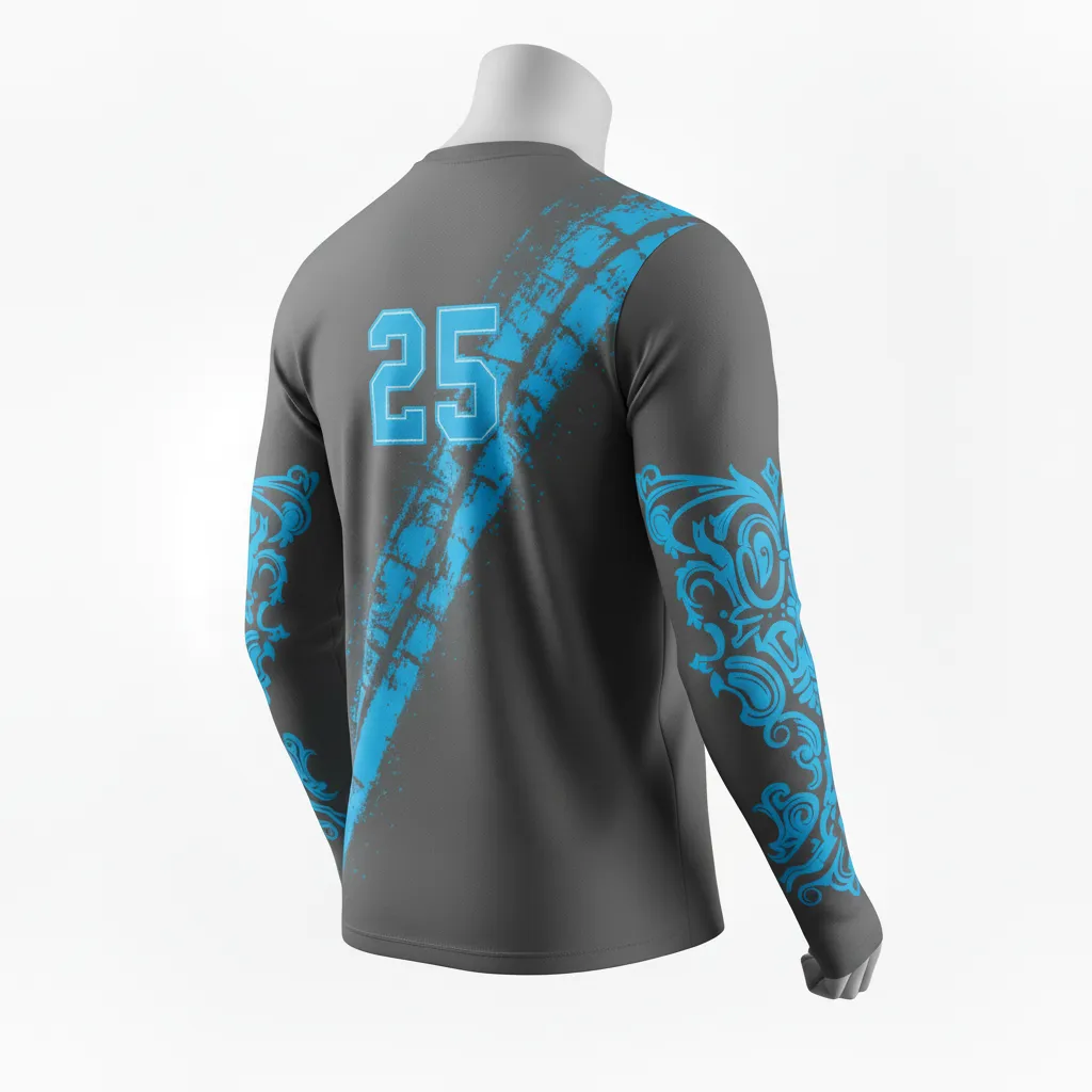Custom Lacrosse Long Sleeve T Shirt - Blue - Charcoal Electric Cleat Marks Trail - Back View - Kinexa Sportswear