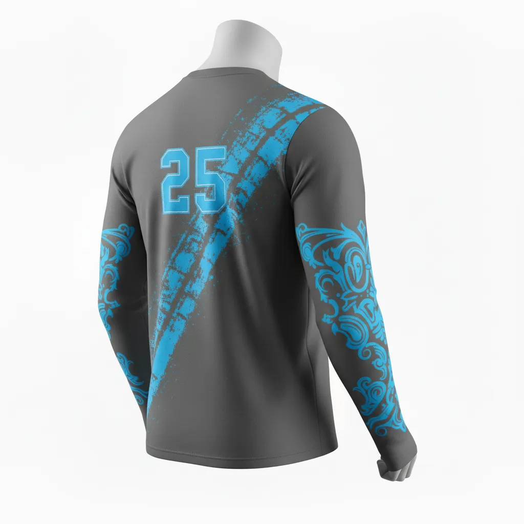 Custom Lacrosse Long Sleeve T Shirt - Blue - Charcoal Electric Cleat Marks Trail - Front View - Kinexa Sportswear