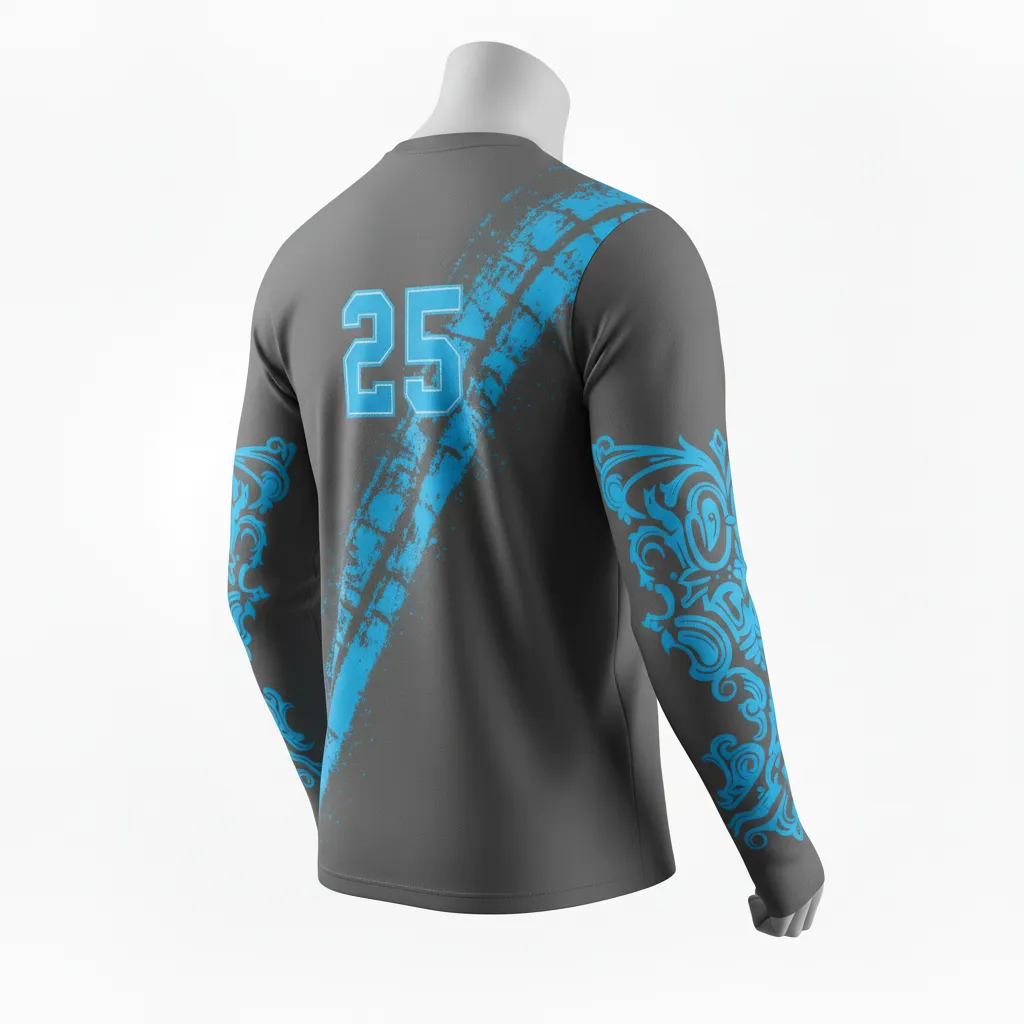 Custom Lacrosse Long Sleeve T Shirt - Blue - Charcoal Electric Cleat Marks Trail - Side View - Kinexa Sportswear