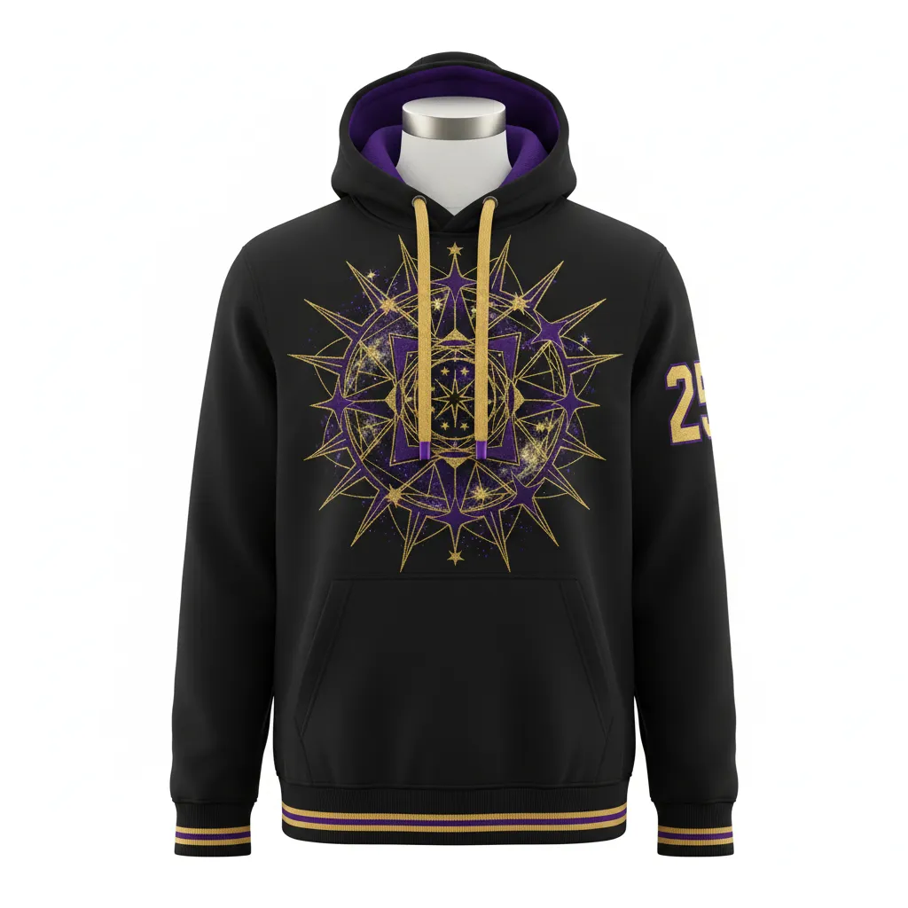 Custom Lacrosse Pullover Hoodie - Black, Gold, Purple - Creator S Game Celestial - Front View - Kinexa Sportswear