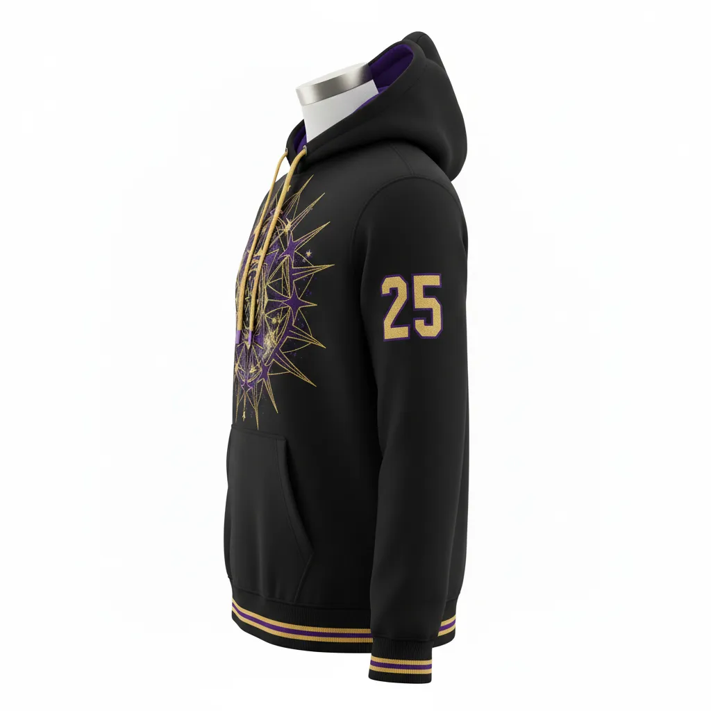 Custom Lacrosse Pullover Hoodie - Black, Gold, Purple - Creator S Game Celestial - Side View - Kinexa Sportswear
