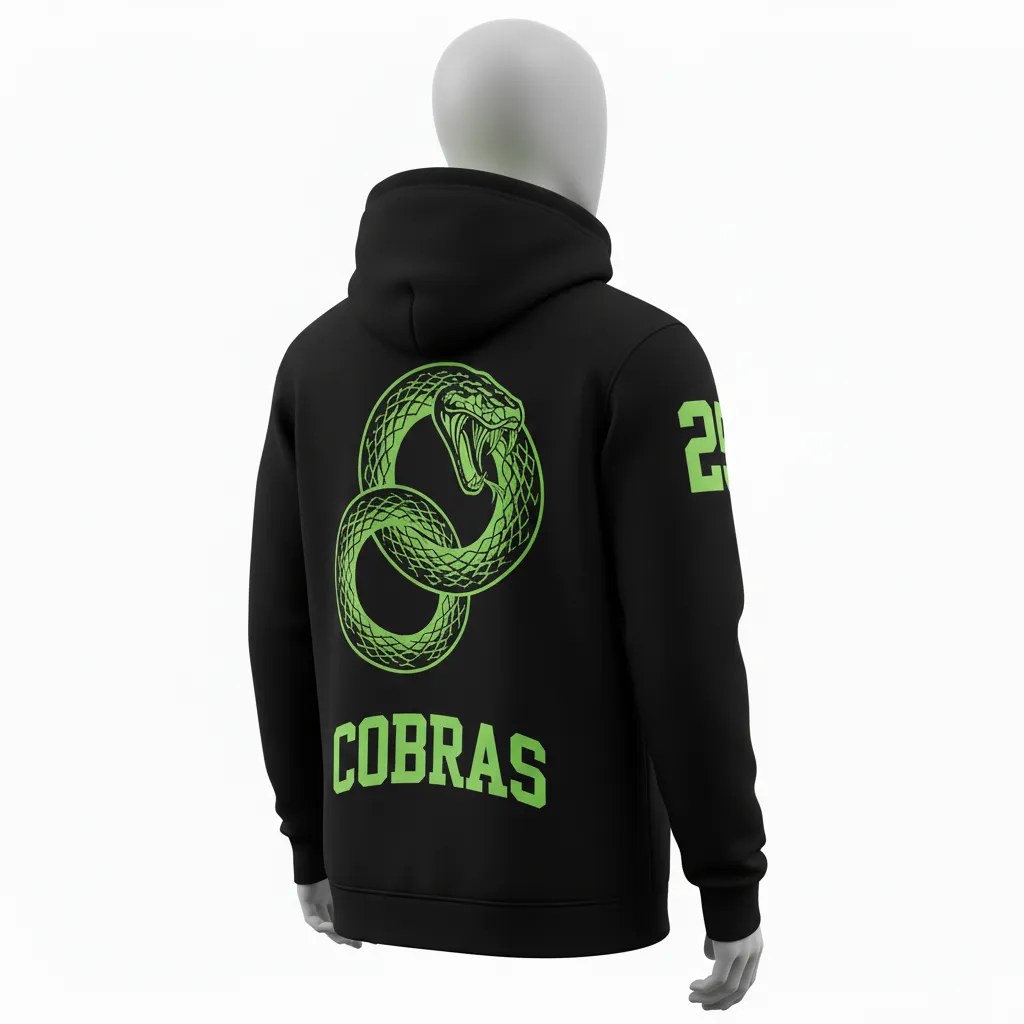 Custom Lacrosse Pullover Hoodie - Black, Green - Neon Serpent Strike - Back View - Kinexa Sportswear