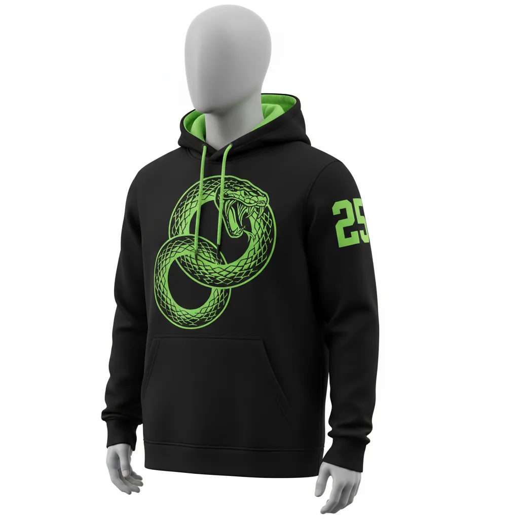 Custom Lacrosse Pullover Hoodie - Black, Green - Neon Serpent Strike - Front View - Kinexa Sportswear