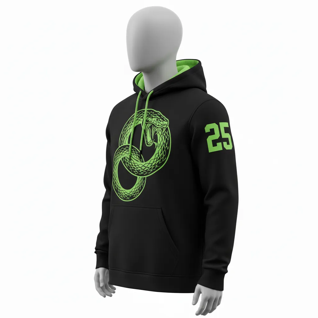 Custom Lacrosse Pullover Hoodie - Black, Green - Neon Serpent Strike - Side View - Kinexa Sportswear