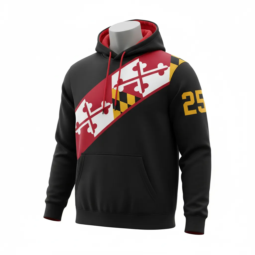 Custom Lacrosse Pullover Hoodie - Black, Red, Gold - Maryland Pride - Front View - Kinexa Sportswear