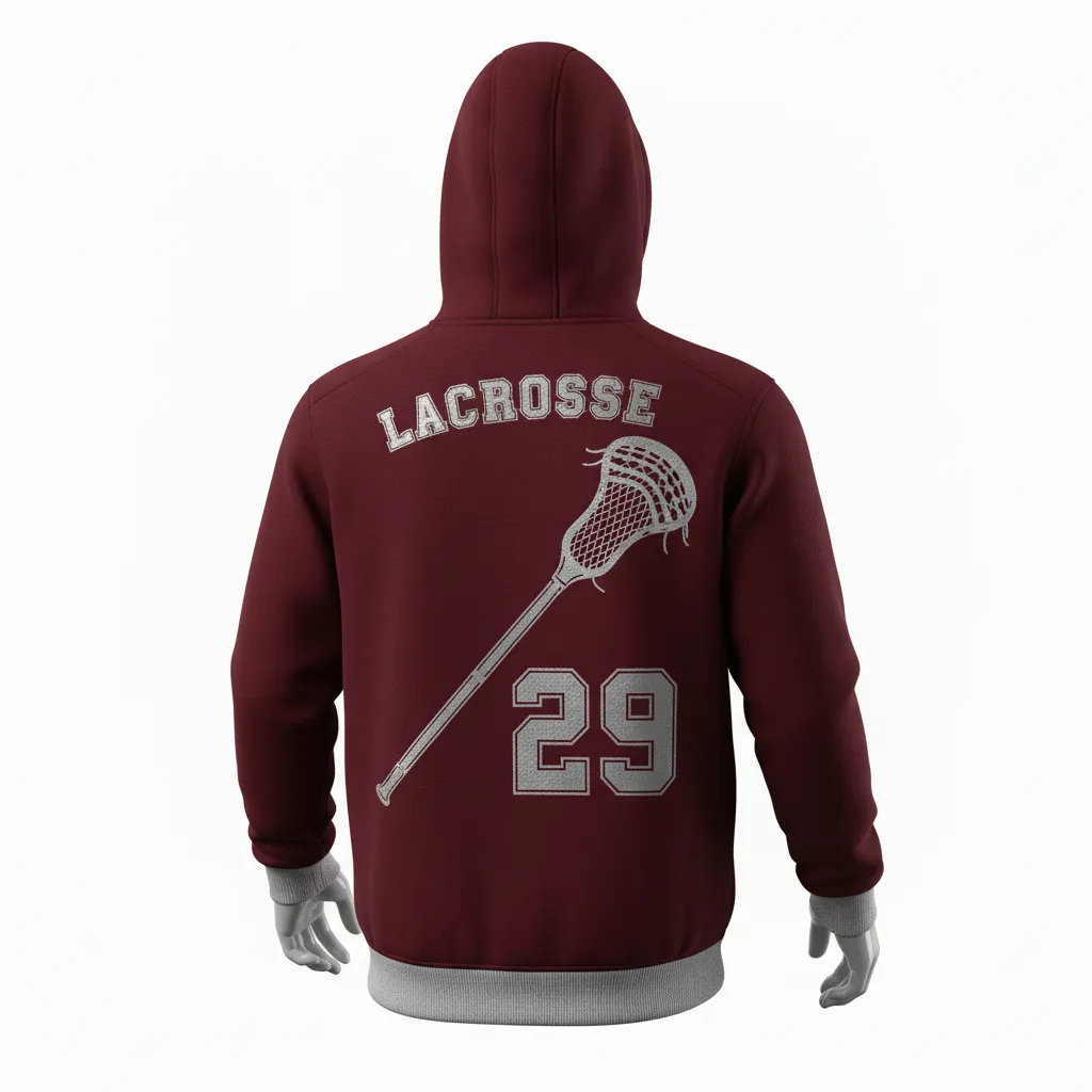 Custom Lacrosse Pullover Hoodie - Burgundy, Silver - Bear Clan Strength - Back View - Kinexa Sportswear