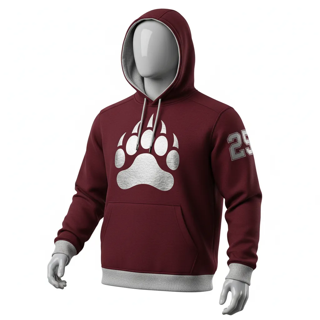 Custom Lacrosse Pullover Hoodie - Burgundy, Silver - Bear Clan Strength - Front View - Kinexa Sportswear