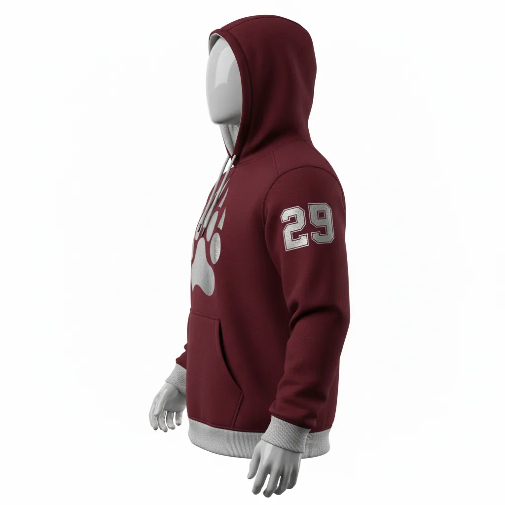 Custom Lacrosse Pullover Hoodie - Burgundy, Silver - Bear Clan Strength - Side View - Kinexa Sportswear