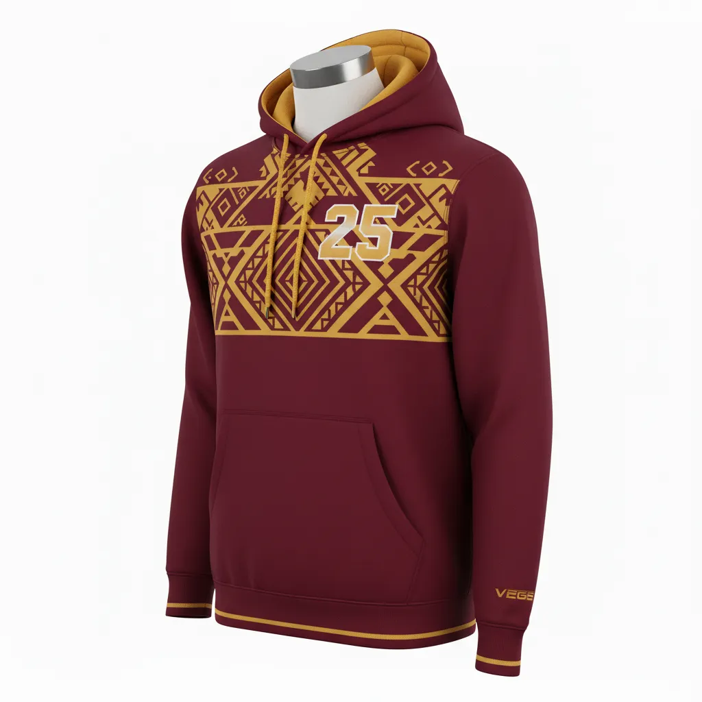 Custom Lacrosse Pullover Hoodie - Burgundy, Gold - Vegas Tribal Clash - Front View - Kinexa Sportswear