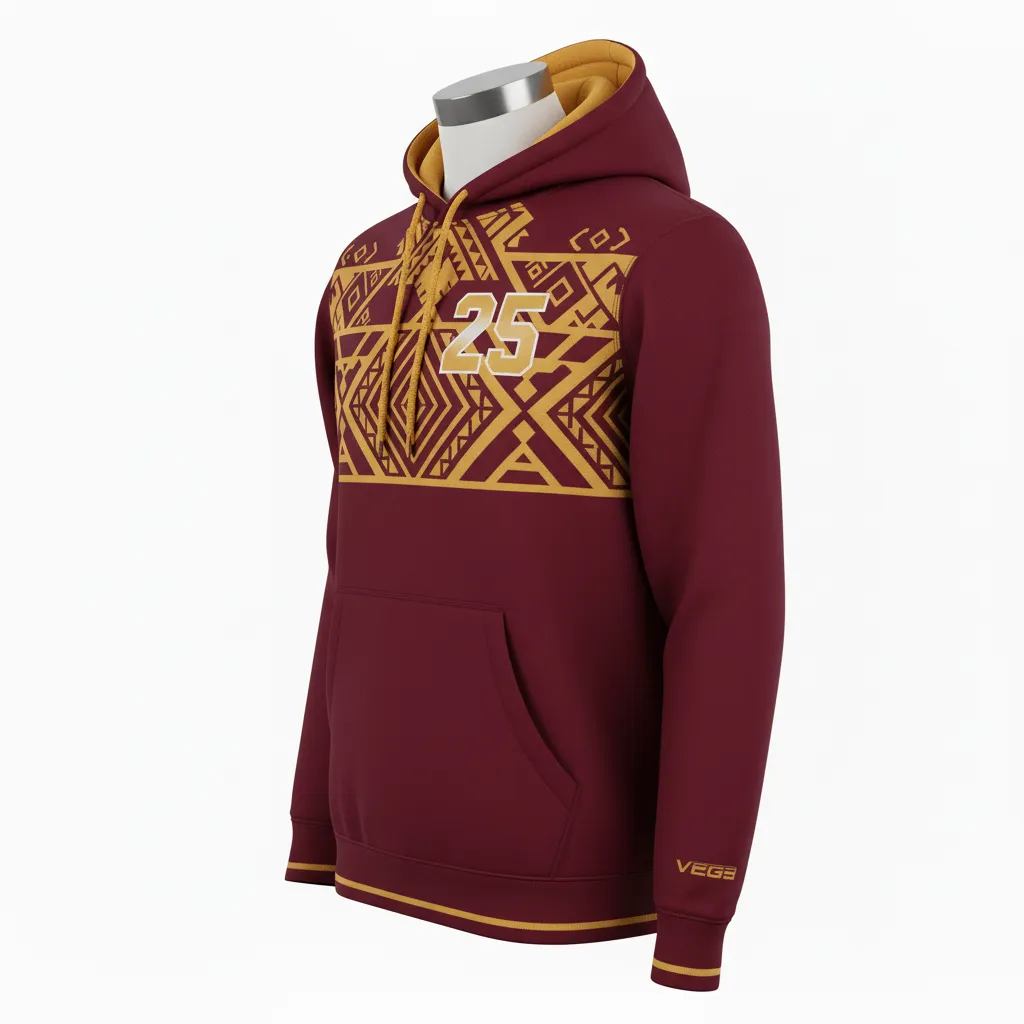 Custom Lacrosse Pullover Hoodie - Burgundy, Gold - Vegas Tribal Clash - Side View - Kinexa Sportswear