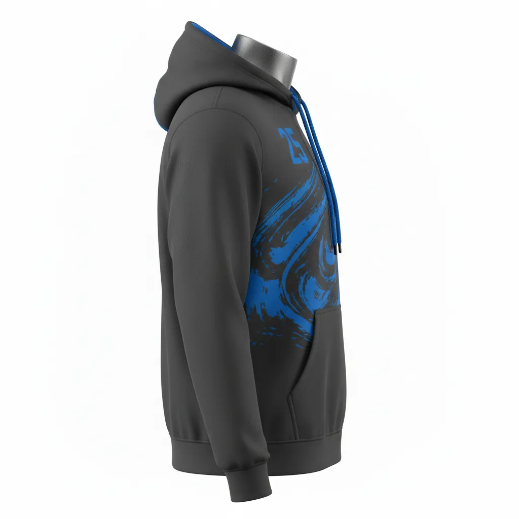 Custom Lacrosse Pullover Hoodie - Blue - Charcoal Electric Cleat Marks Trail - Side View - Kinexa Sportswear