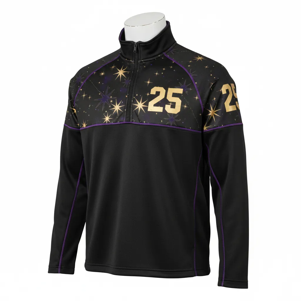 Custom Lacrosse Quarter Zipper Pullover - Black, Gold, Purple - Creator S Game Celestial - Front View - Kinexa Sportswear