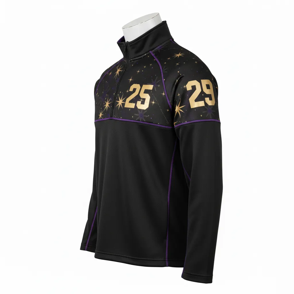 Custom Lacrosse Quarter Zipper Pullover - Black, Gold, Purple - Creator S Game Celestial - Side View - Kinexa Sportswear