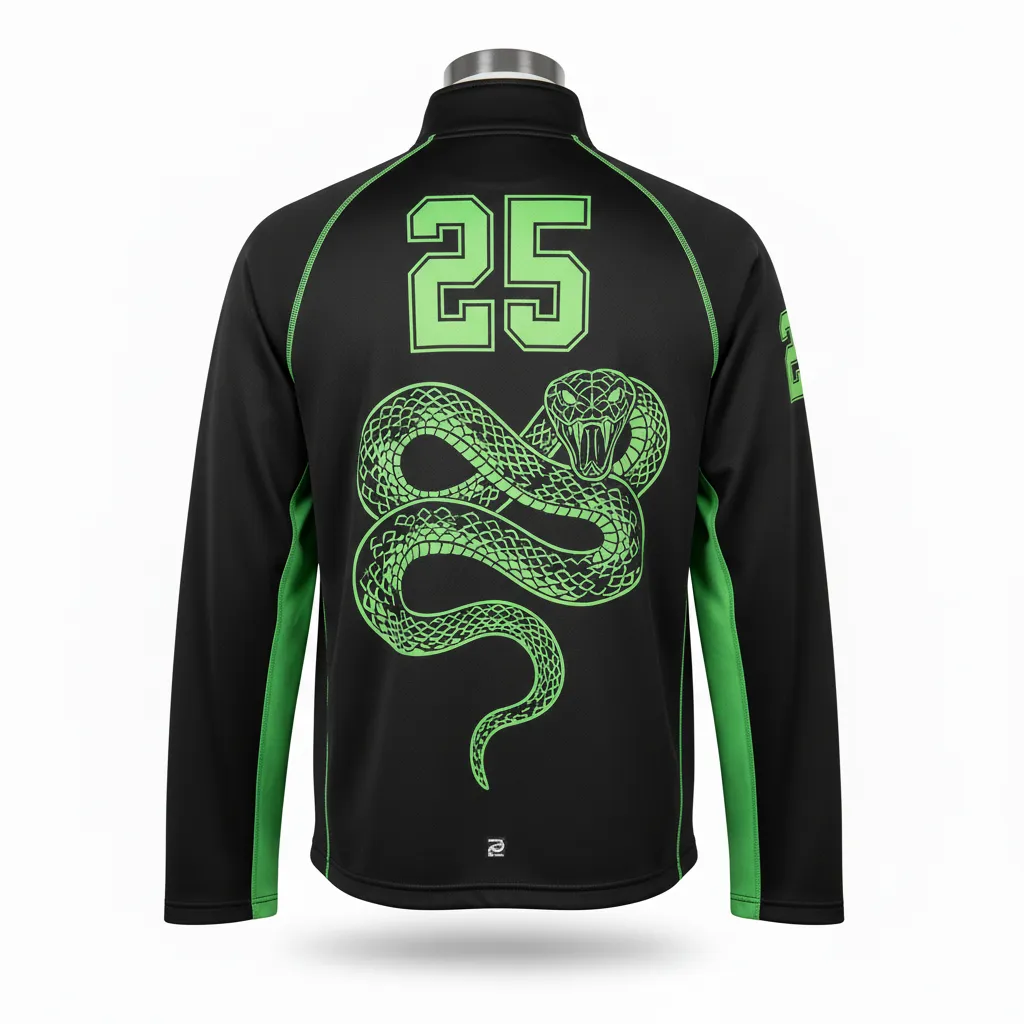 Custom Lacrosse Quarter Zipper Pullover - Black, Green - Neon Serpent Strike - Back View - Kinexa Sportswear
