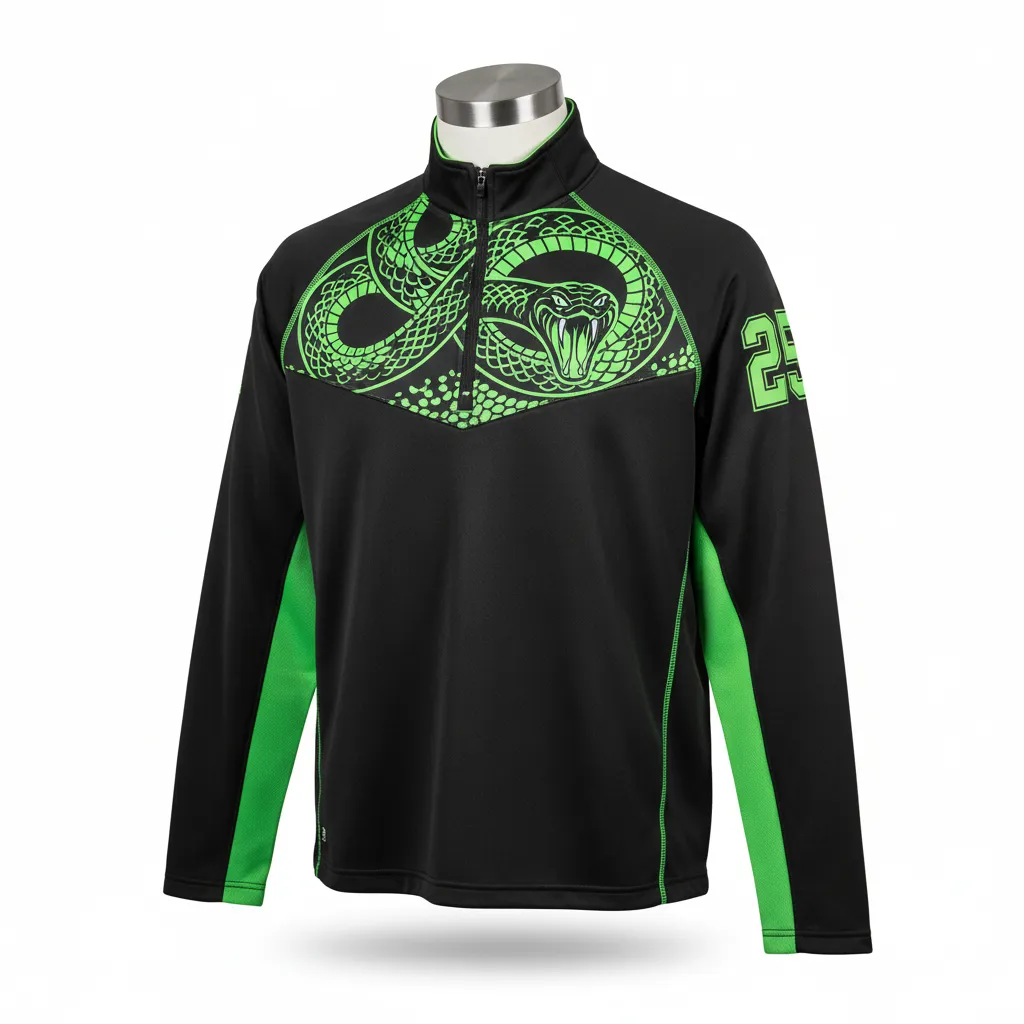 Custom Lacrosse Quarter Zipper Pullover - Black, Green - Neon Serpent Strike - Front View - Kinexa Sportswear