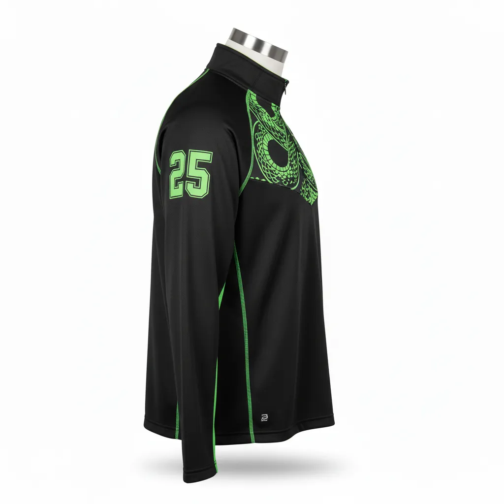 Custom Lacrosse Quarter Zipper Pullover - Black, Green - Neon Serpent Strike - Side View - Kinexa Sportswear