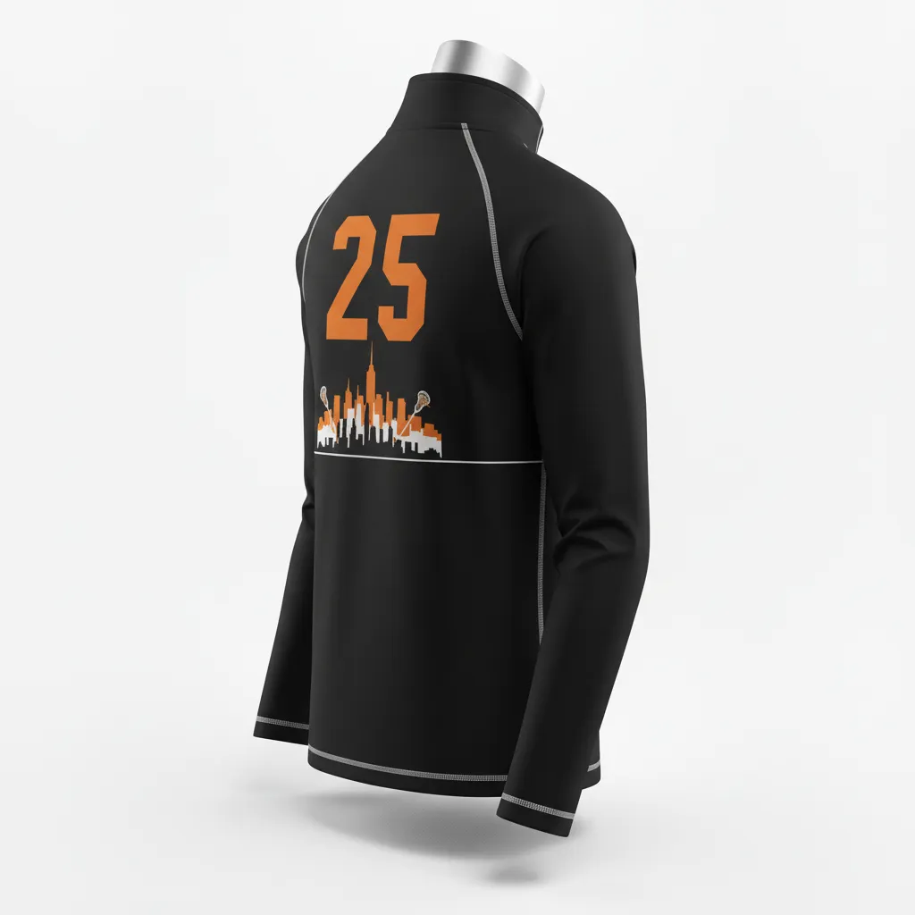 Custom Lacrosse Quarter Zipper Pullover - Black, Orange, White - Long Island Strong - Back View - Kinexa Sportswear