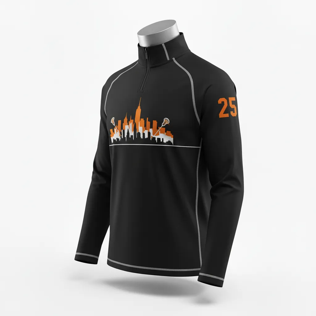 Custom Lacrosse Quarter Zipper Pullover - Black, Orange, White - Long Island Strong - Front View - Kinexa Sportswear