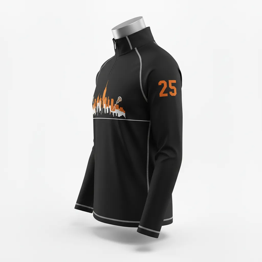 Custom Lacrosse Quarter Zipper Pullover - Black, Orange, White - Long Island Strong - Side View - Kinexa Sportswear