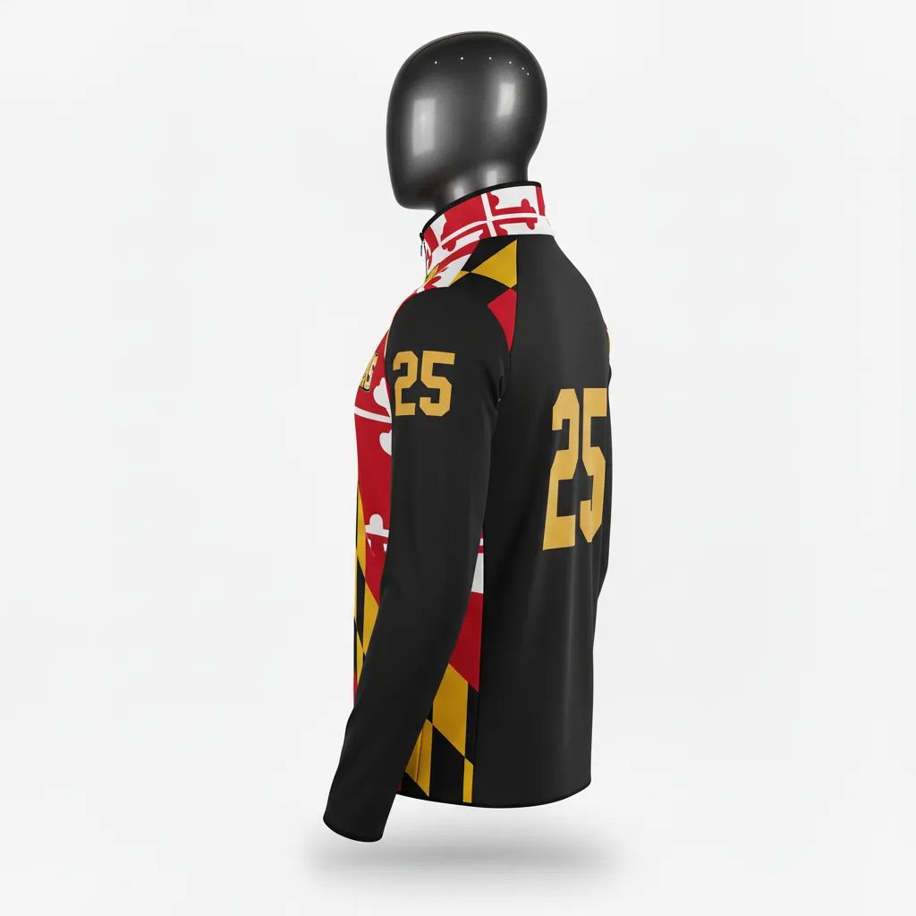 Custom Lacrosse Quarter Zipper Pullover - Black, Red, Gold - Maryland Pride - Side View - Kinexa Sportswear