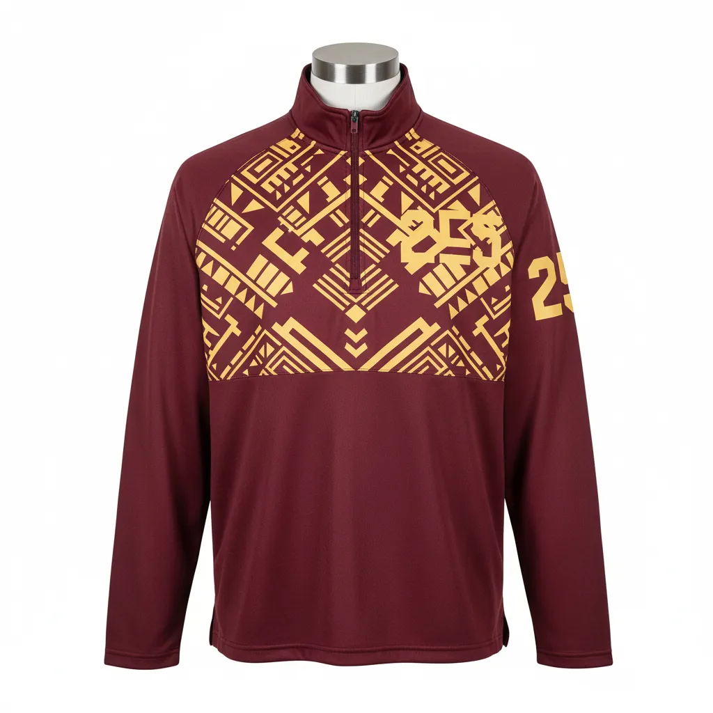 Custom Lacrosse Quarter Zipper Pullover - Burgundy, Gold - Vegas Tribal Clash - Front View - Kinexa Sportswear