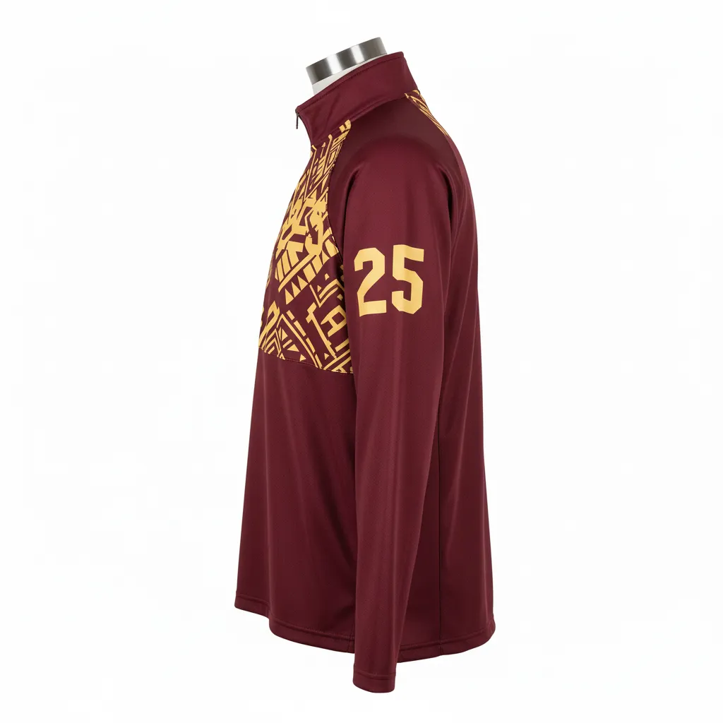 Custom Lacrosse Quarter Zipper Pullover - Burgundy, Gold - Vegas Tribal Clash - Side View - Kinexa Sportswear