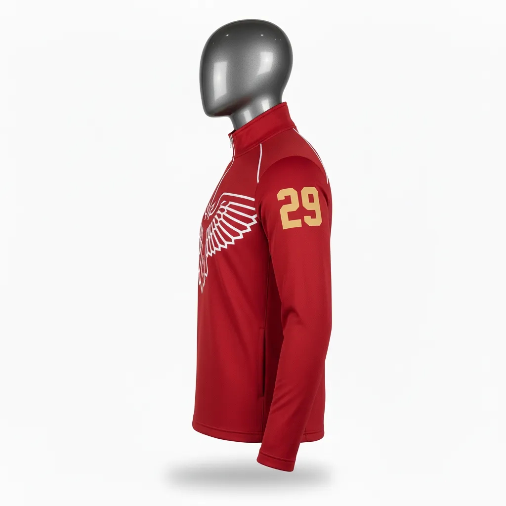 Custom Lacrosse Quarter Zipper Pullover - Red, White - Cardinal Thunderbird Spirit - Side View - Kinexa Sportswear