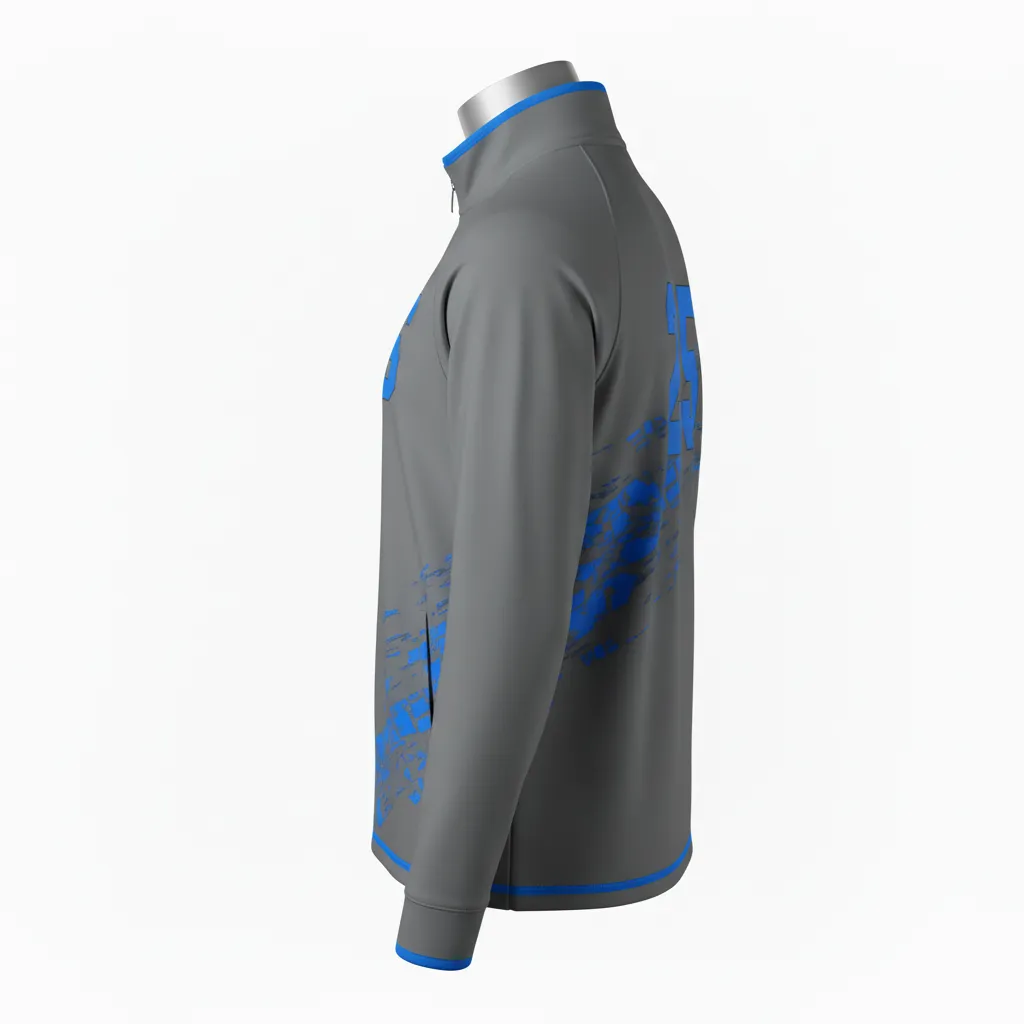 Custom Lacrosse Quarter Zipper Pullover - Blue - Charcoal Electric Cleat Marks Trail - Side View - Kinexa Sportswear
