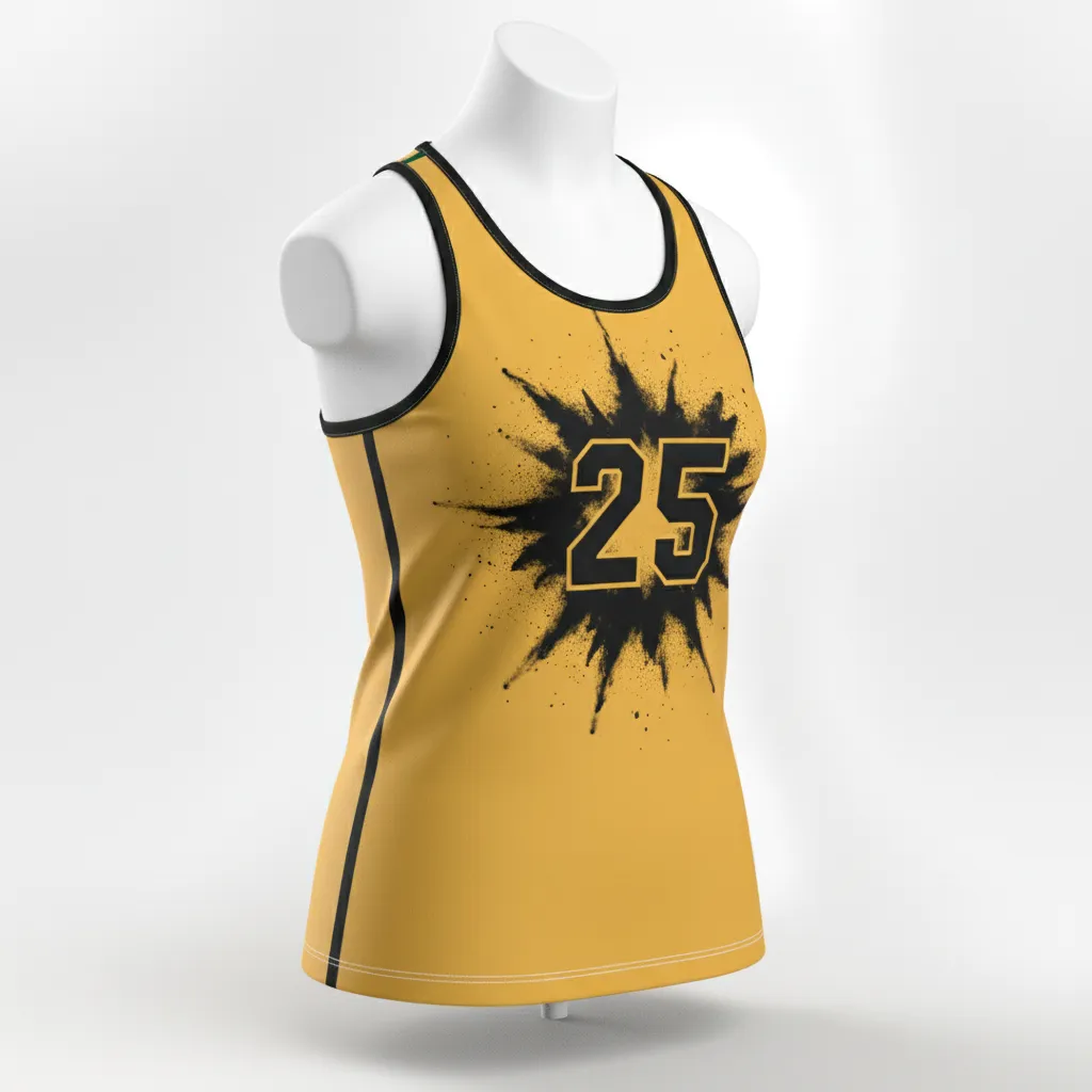 Custom Lacrosse Racerback Lacrosse Tank - Gold, Black - Women S Athletic Goal Dust Explosion - Front View - Kinexa Sportswear