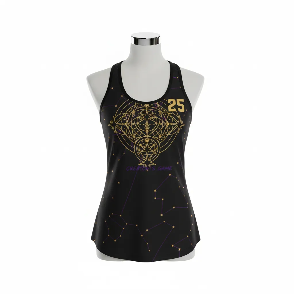 Custom Lacrosse Racerback Lacrosse Tank - Black, Gold, Purple - Women S Creator S Game Celestial - Front View - Kinexa Sportswear