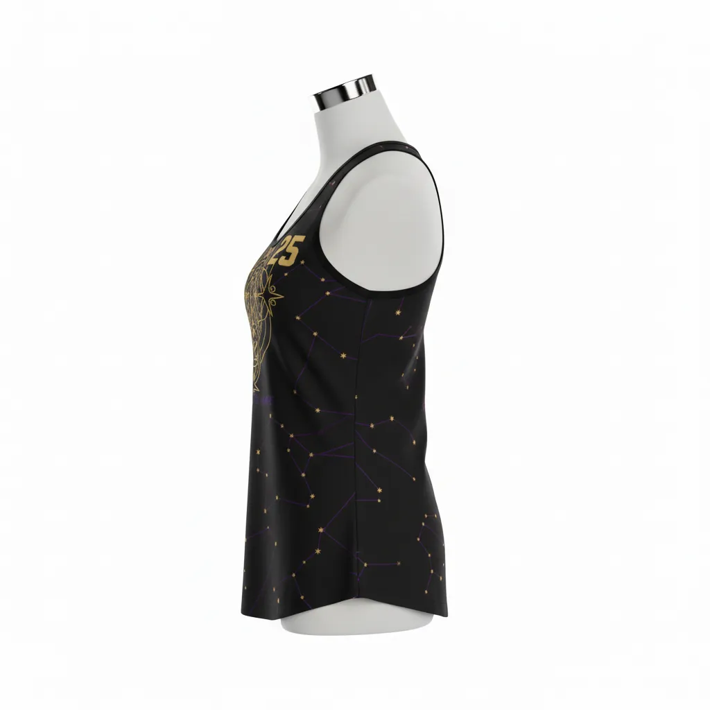 Custom Lacrosse Racerback Lacrosse Tank - Black, Gold, Purple - Women S Creator S Game Celestial - Side View - Kinexa Sportswear