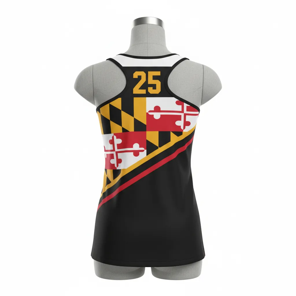Custom Lacrosse Racerback Lacrosse Tank - Black, Red, Gold - Women S Maryland Pride - Front View - Kinexa Sportswear