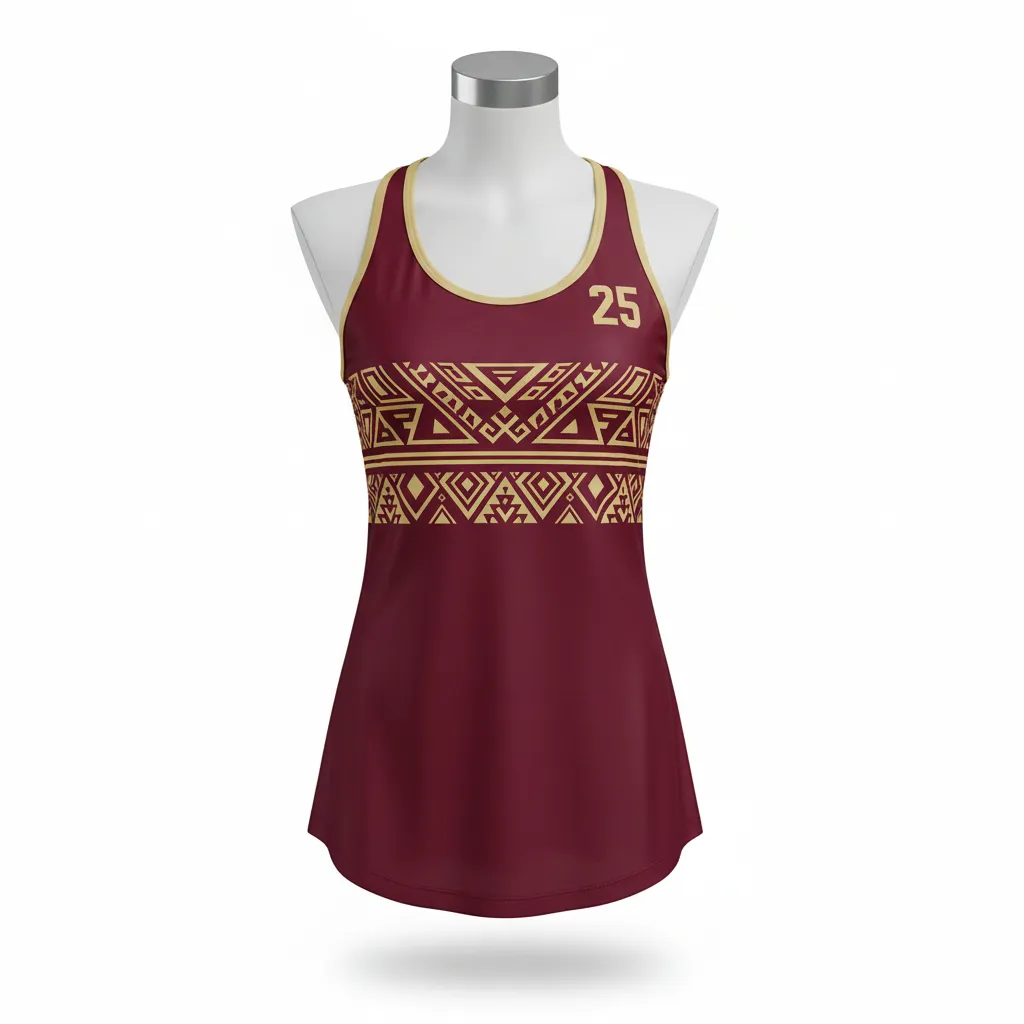 Custom Lacrosse Racerback Lacrosse Tank - Burgundy, Gold - Women S Vegas Tribal Clash - Front View - Kinexa Sportswear
