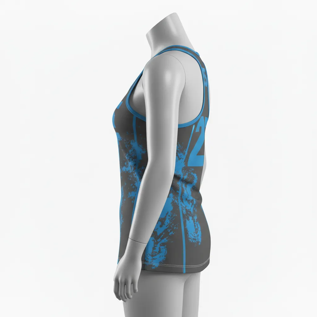 Custom Lacrosse Racerback Lacrosse Tank - Blue - Women S Charcoal Electric Cleat Marks Trail - Side View - Kinexa Sportswear