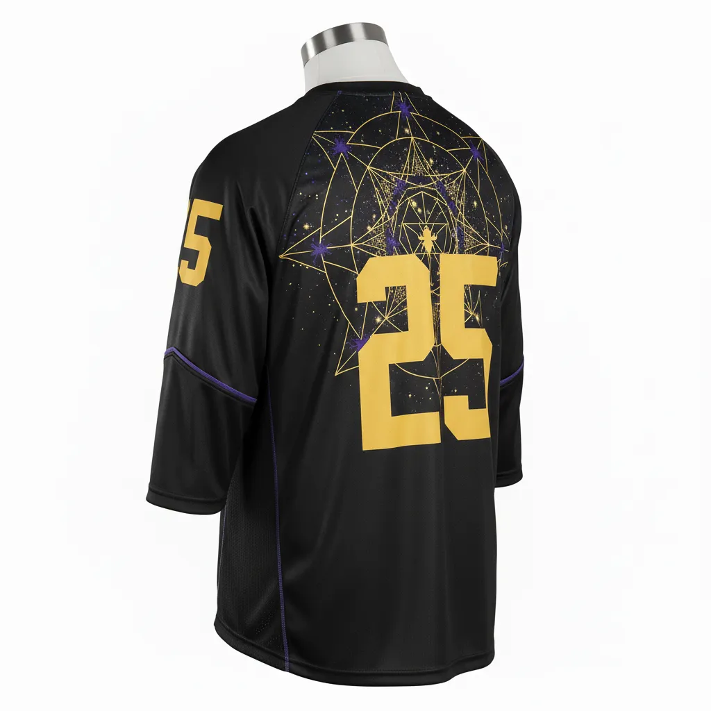 Custom Lacrosse Shooting Shirt - Black, Gold, Purple - Creator S Game Celestial - Back View - Kinexa Sportswear