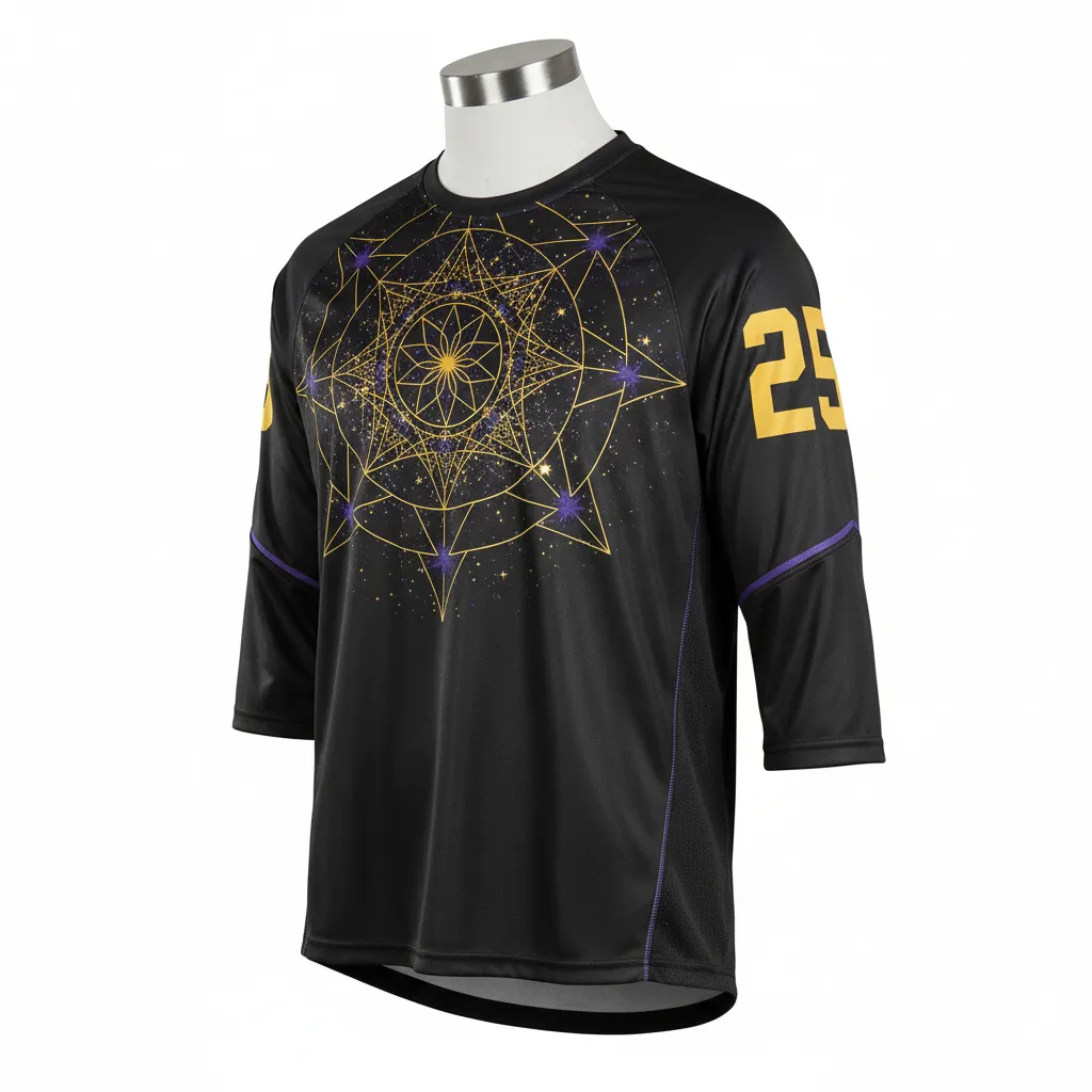 Custom Lacrosse Shooting Shirt - Black, Gold, Purple - Creator S Game Celestial - Front View - Kinexa Sportswear