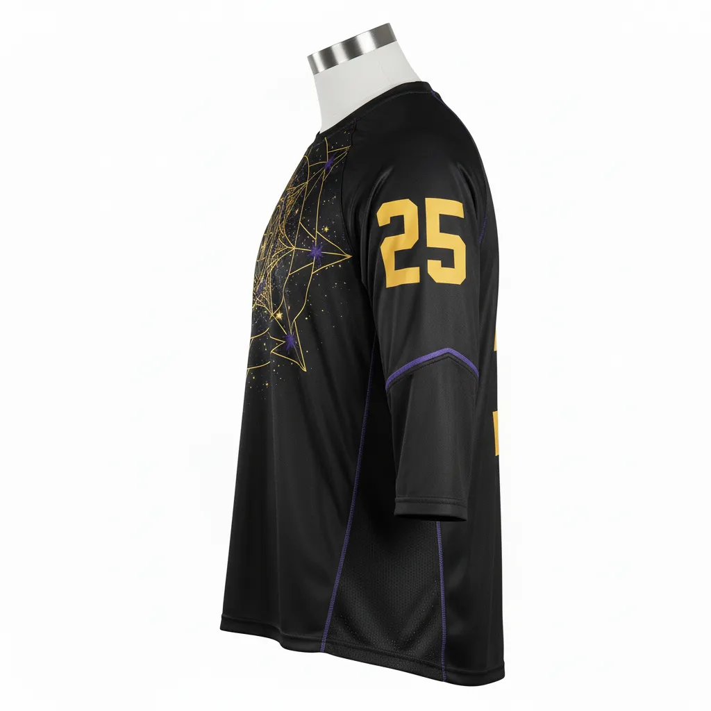 Custom Lacrosse Shooting Shirt - Black, Gold, Purple - Creator S Game Celestial - Side View - Kinexa Sportswear